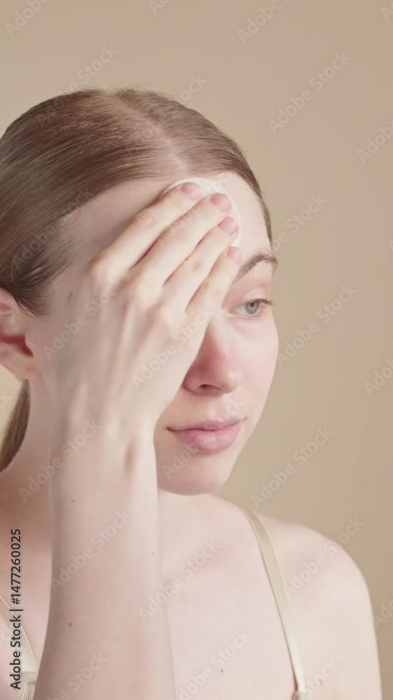 VERTICAL VIDEO: Young woman gently cleansing her face with a cotton pad during morning skincare routine. Minimalist self-care ritual, promoting healthy and glowing skin. Gentle facial care at home. VERTICAL VIDEO: Young woman gently cleansing her face with a cotton pad during morning skincare routine. Minimalist self-care ritual, promoting healthy and glowing skin. Gentle facial care at home.