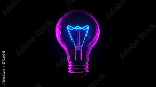 Glowing neon lightbulb, purple and blue, on black background.