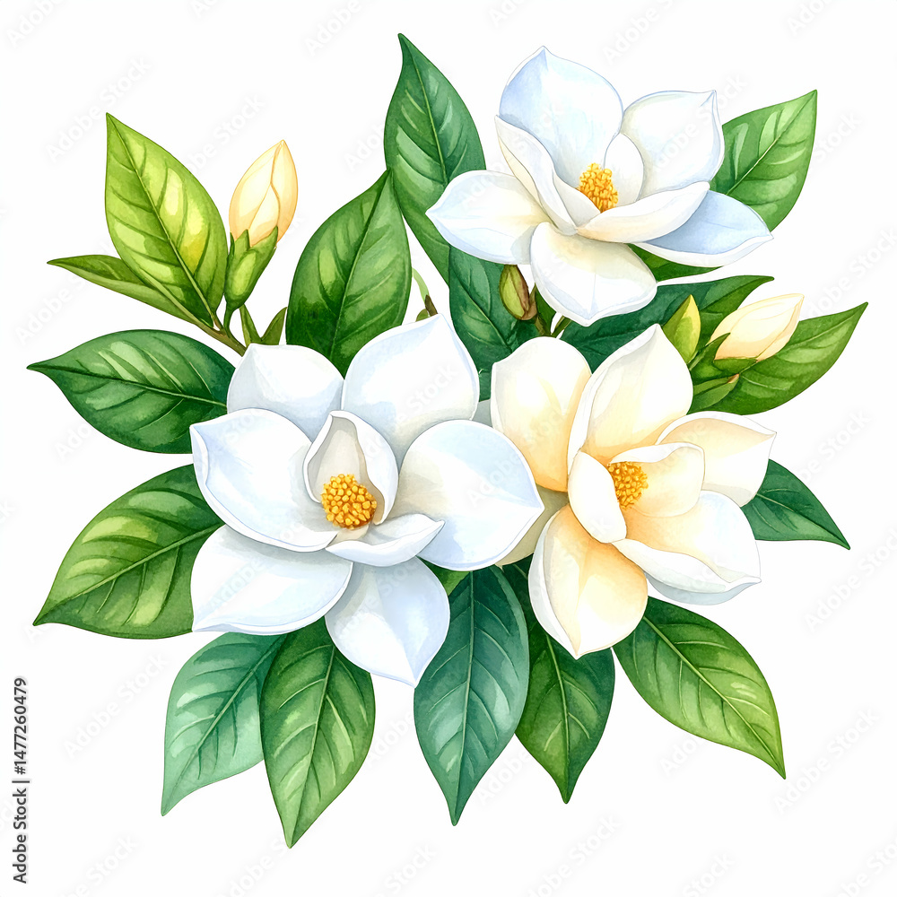 Obraz premium Magnolia's Botanical Beauty: A close-up view of a pristine white magnolia flower, the iconic botanical blooms of spring. This high-quality image captures the natural beauty of the magnolia flowers.