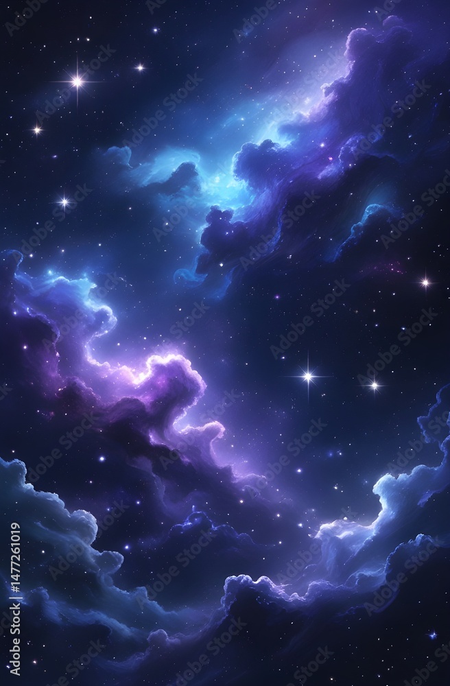 Fototapeta premium Abstract blue light pierces the dark starry night sky where clouds drift across the deep cosmos
