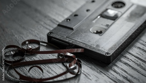Wallpaper Mural Close-up shot of a vintage audio cassette tape with its magnetic tape spilled out on a dark wooden surface.  Nostalgia, 80s, 90s music. Torontodigital.ca