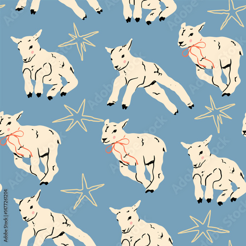 Cute little lambs. Sheep in jumping, running movement. Hand drawn Vector illustration. Count sheep, farm concept. Print, postcard, invitation, wallpaper design template. Square seamless Pattern