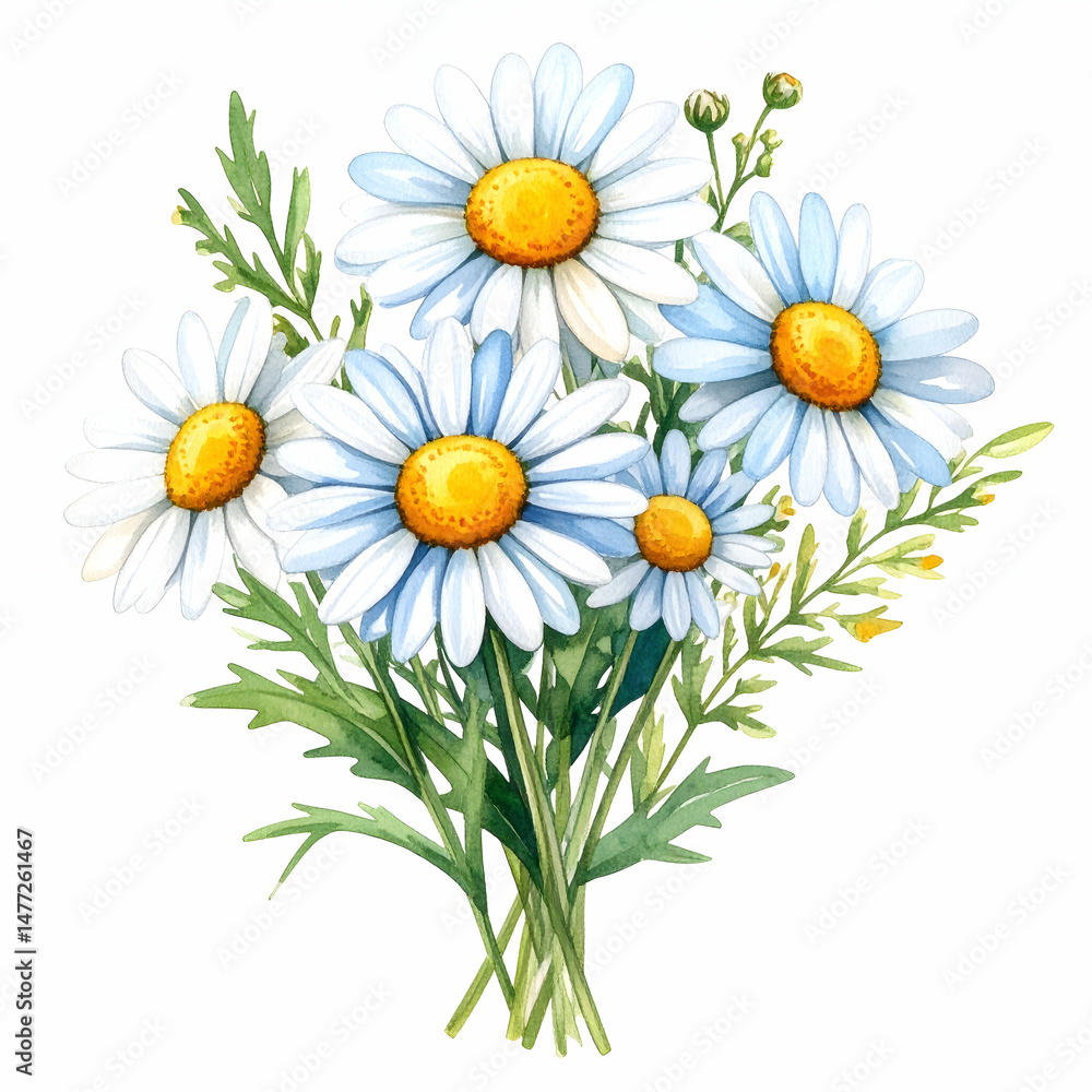 Fototapeta premium Daisy Bouquet: A vibrant watercolor painting showcasing a charming arrangement of fresh, white daisies with yellow centers, surrounded by lush green foliage.