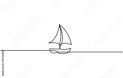 Sailboat icon continuous one line drawing outline vector, Simple illustration of a sailboat in the sea drawn with a continuous black line on a white background.
