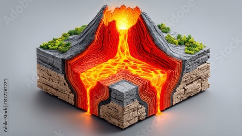 Erupting Volcano 3D Model Blocky Orange Lava and Grey Rock