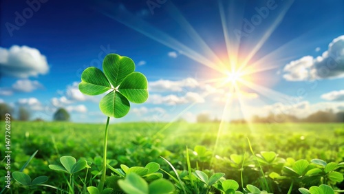 Emerald Green Clover Field with Rare Four Leafed Plant Under Sunny Sky, four leaf clover,