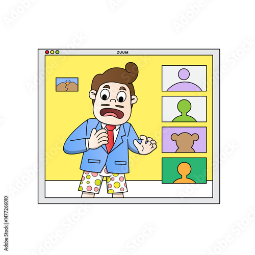 A quirky office worker facing hilarious challenges during remote Zoom meetings, featuring exaggerated reactions and everyday virtual work mishaps. This character series captures the humor of remote wo
