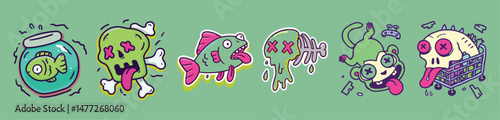Dead fish and absurd skull characters in graffiti cartoon vector illustration perfect for sticker packs, streetwear, or environmental dark humor graphics