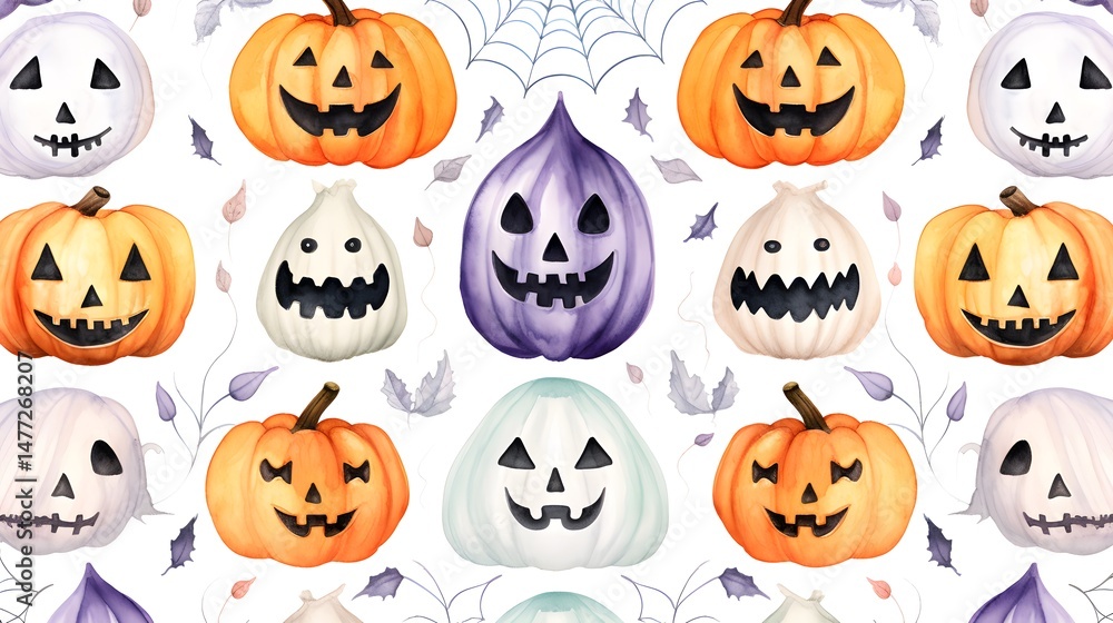 Professional Halloween Watercolor Pattern with Ghost, Pumpkin, and Spider for Design Projects Professional Halloween Watercolor Pattern with Ghost, Pumpkin, and Spider for Design Projects