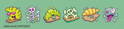 Rotten bakery and skeleton bread mashups in graffiti cartoon vector illustration perfect for sticker packs, food parody zines, or surreal cafe merch