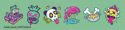 Graffiti cartoon pineapples, skulls, and flamingos in dripping 90s vector illustration perfect for alternative tropical merchandise and parody branding