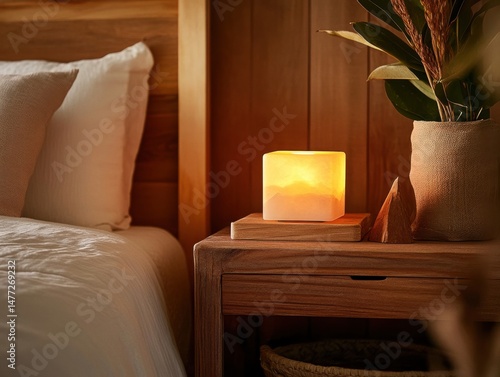 Warm glow of a salt lamp on a wooden nightstand beside a bed in a cozy bedroom interior design style