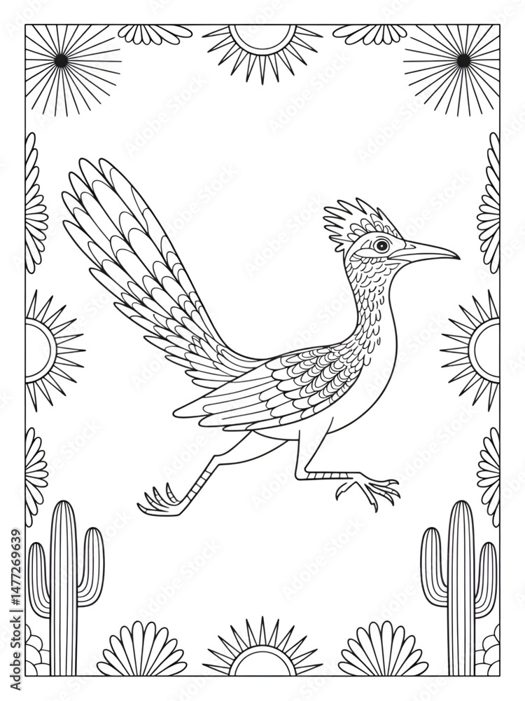 Fototapeta premium Roadrunner illustration: A stylized roadrunner illustration in a vibrant and energetic pose, framed by a whimsical border of cacti and suns. Perfect for coloring and creativity