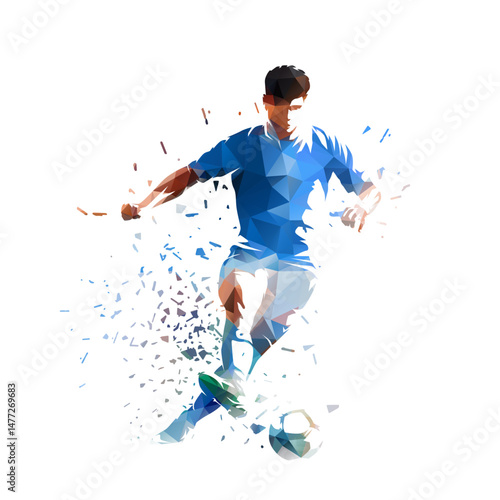 Obraz na płótnie Soccer. Football player kicking ball, isolated low polygonal vector illustration with distortion effect, sports clipart w salonie