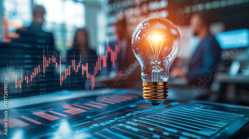 Illuminated light bulb over financial data and blurred people in the background at the office