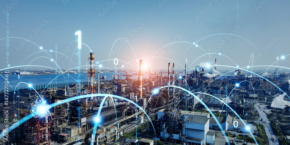 © metamorworks - Industrial area and digital network concept. Wide angle visual for banners or advertisements. © metamorworks - Industrial area and digital network concept. Wide angle visual for banners or advertisements.