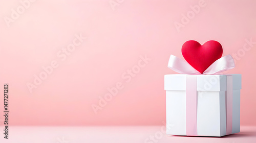 Gift box with pink ribbon and red heart on top, set against a soft pink background, perfect for romantic occasions and celebrations. Selective focus