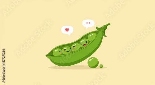 Cute Green Peas in a Pod with Happy Faces on Yellow Background