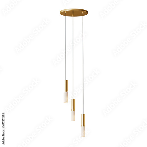 A gold colored three light hanging from the ceiling