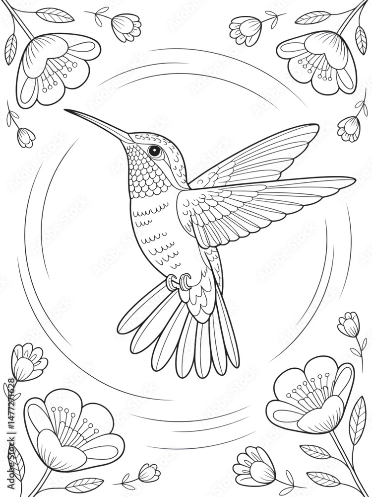 Obraz premium Hummingbird Art: A graceful hummingbird, with intricate line art detail, soars amidst delicate floral elements. The artistic rendering captures the avian's elegance