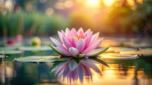A delicate pink water lily flower floats on the calm surface of a serene lake at dawn, floating flowers, garden blooms
