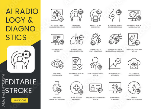 AI radiology and diagnostics icons with editable stroke featuring smart CT MRI X-ray breast lung heart scans automated reports and cloud storage for healthcare and medical platforms