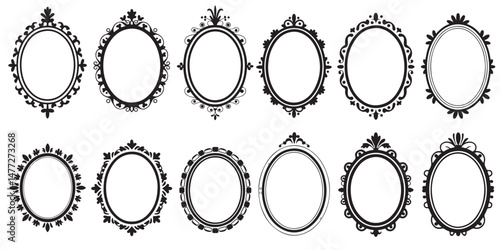 Collection of Vintage Hand Mirrors Silhouettes,  Ornate Frames Silhouettes, Ornate Oval Frames Vintage Style mirrors