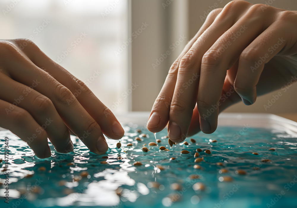 Hands planting seeds in resin Hands planting seeds in resin