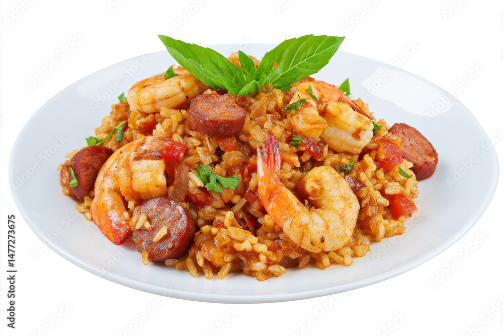 Delicious shrimp and sausage jambalaya served with fresh herbs on a white plate Delicious shrimp and sausage jambalaya served with fresh herbs on a white plate