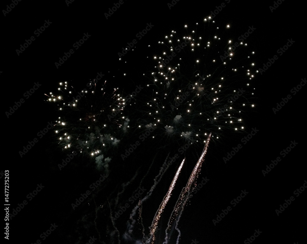 Obraz premium Stunning fireworks display against a dark night sky. Bright bursts of light and sparkling trails create a dynamic and celebratory scene.