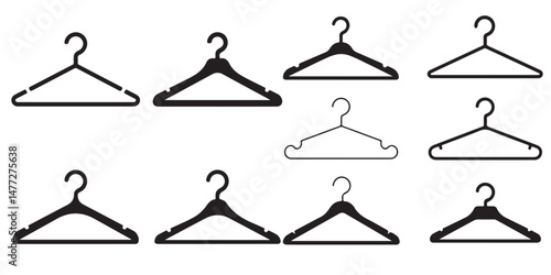 set of Different clothes hanger Vector Black silhouettes collection, Clothes Hangers with Hanging Decorations, 