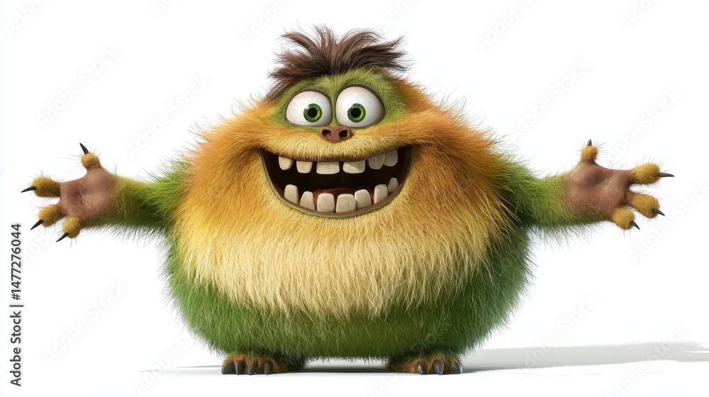 Laughing cartoon monster character with arms open wide on white background Laughing cartoon monster character with arms open wide on white background