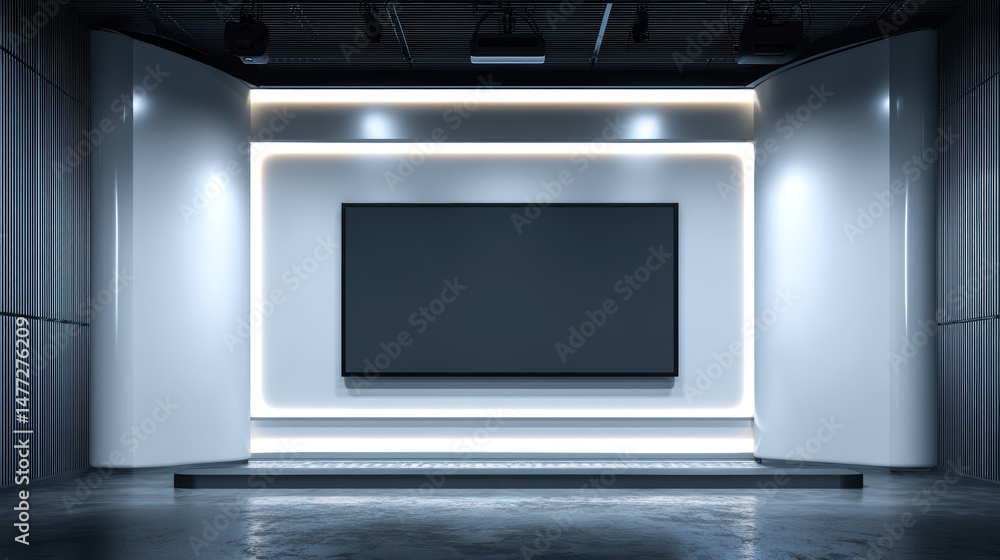 Fototapeta premium Modern empty exhibition space featuring a large screen and minimalistic design in a contemporary gallery