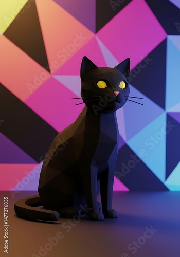 Low-poly Black Cat Neon Geometric Background