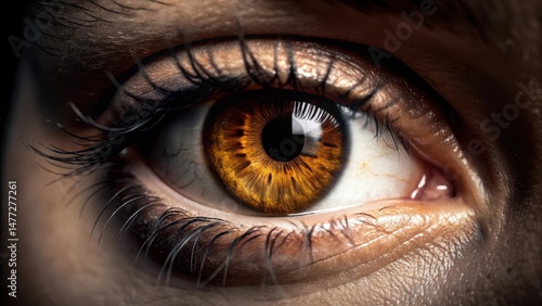 Close-up detail of a brown eye's pupil with intricate texture and subtle shine in a dark background , anatomy, organic