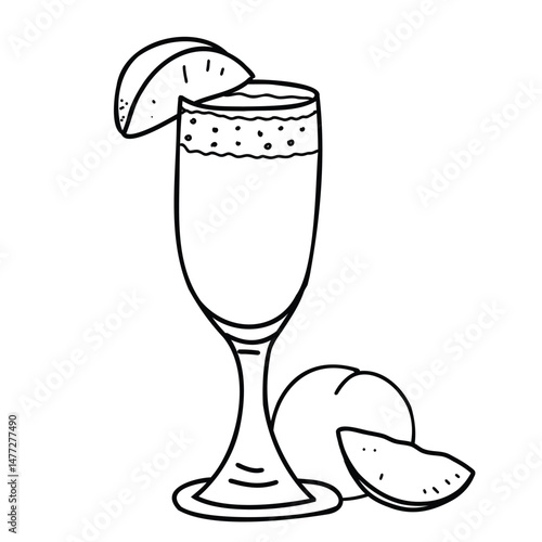 Bellini cocktail and Peach whole fruit and slice Composition. Summer alcoholic Drink with Prosecco and Peach nectar. Hand drawn Black and White Vector illustration in Doodle style isolated. For Beach