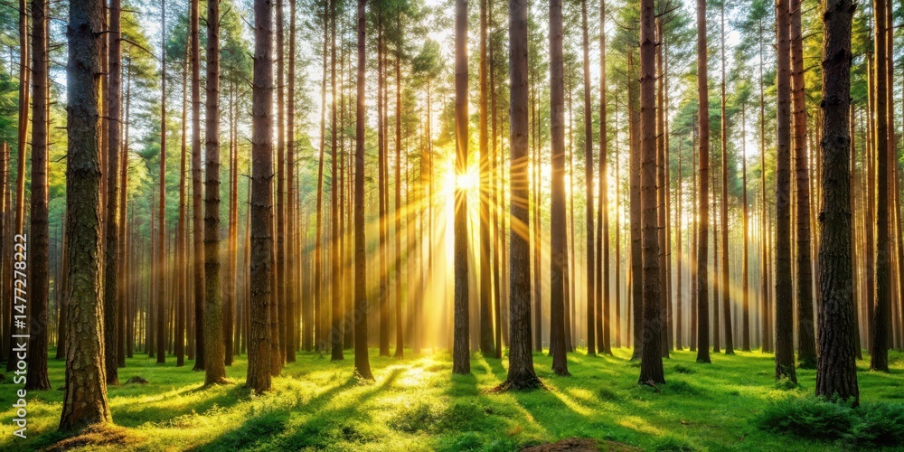 Naklejka premium Golden Rays Illuminating a Serene Pine Forest at Dawn, Creating a Magical Atmosphere of Tranquility and Natural Beauty