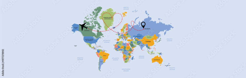 Naklejka premium Airplane path in dotted line shape on world map. Flight path. Vector illustration.