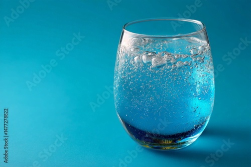 Sparkling water served in a clear glass against a vibrant blue background on a bright sunny day