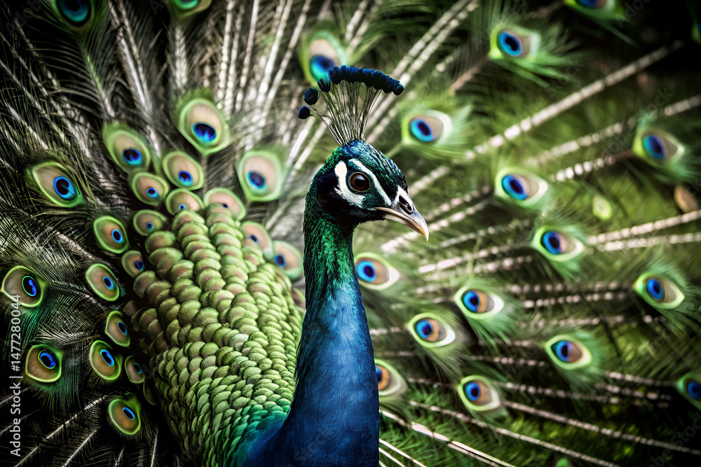 Obraz premium A colorful peafowl proudly displays its beautiful blue and green patterned tail feathers, a stunning spectacle of nature's artistry