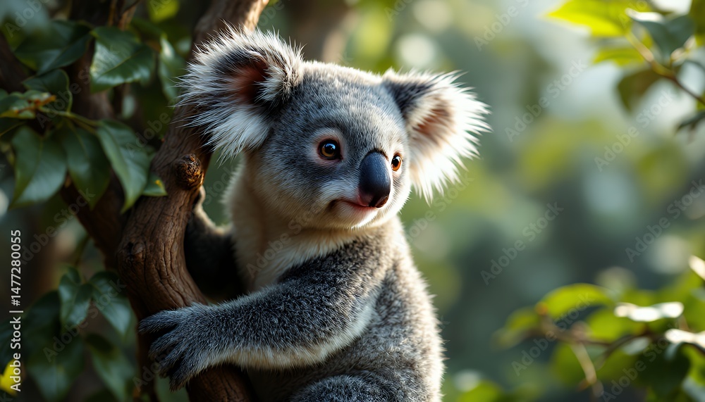 Fototapeta premium Close Up of A Gray Koala Clinging to a Branch Under Natural Light with Lush Green Leaves in the Background