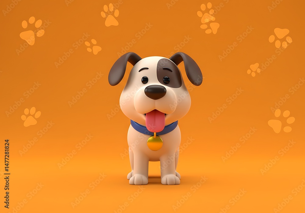 Naklejka premium Cute Cartoon Puppy, Orange Background, Paw Prints
