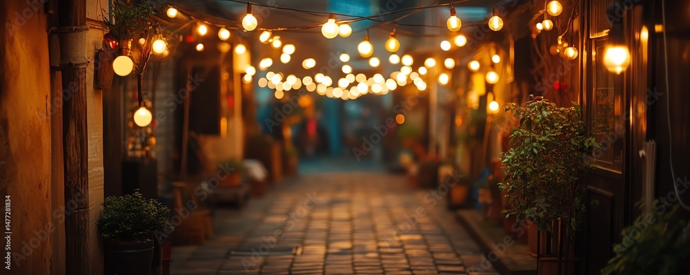 Obraz premium A beautifully lit alley way adorned with charming hanging string lights, creating a warm and inviting atmosphere perfect for evening strolls.