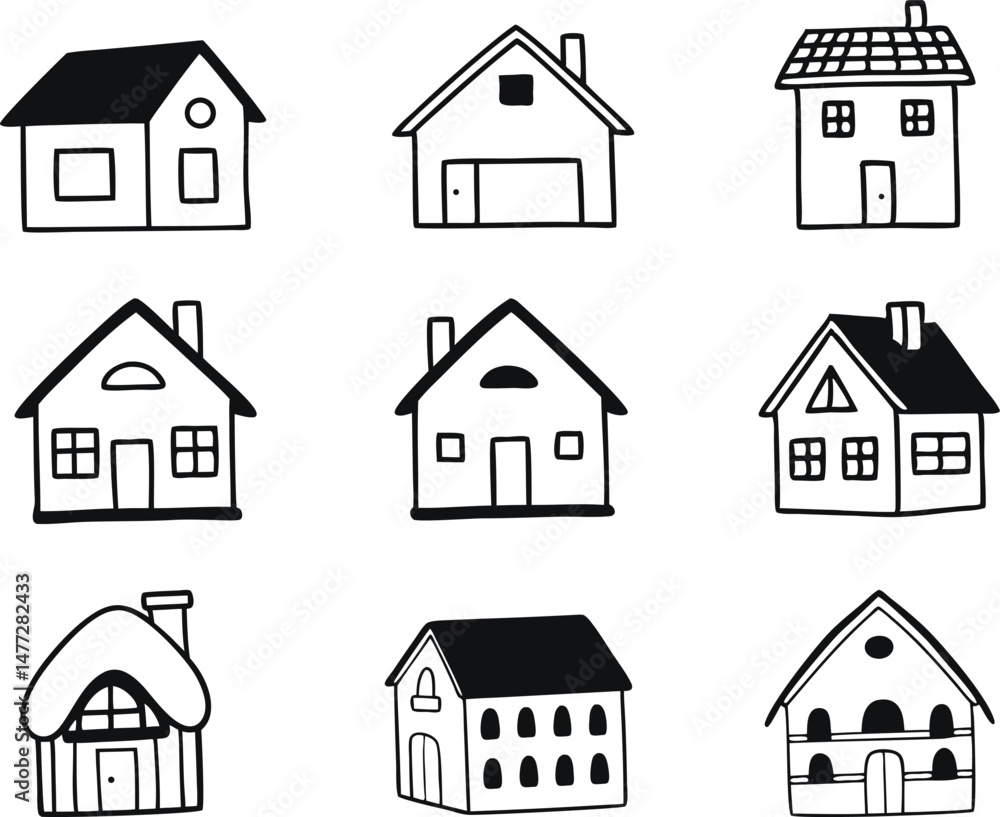 Fototapeta premium Collection of home icons. House icons set. Hand drawn House collection. Set of houses icons