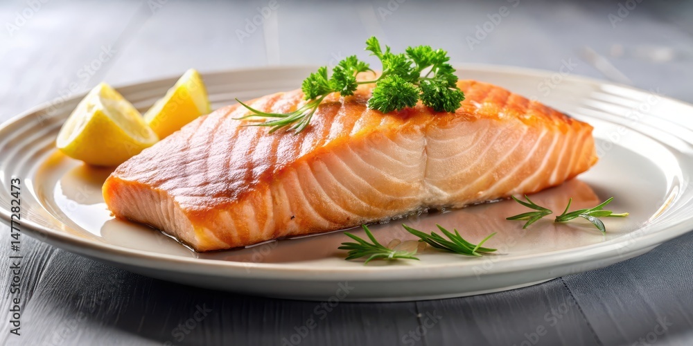 Pan-seared frozen salmon steak on a plate , pan, cooking , pan, cooking , seafood, plate, protein, frozen salmon, grill, healthy Pan-seared frozen salmon steak on a plate , pan, cooking , pan, cooking , seafood, plate, protein, frozen salmon, grill, healthy