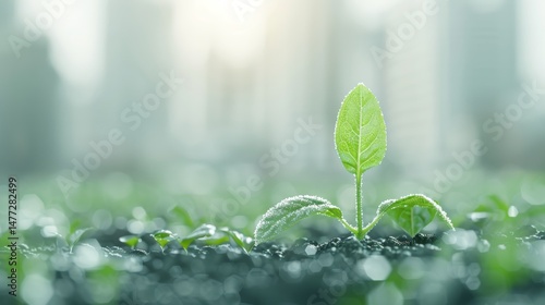 Young Green Plant Sprouting in Urban Environment with Dew or Frost