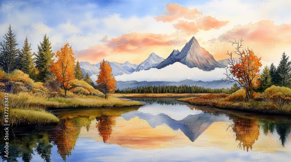 Obraz premium Peaceful mountain watercolor scene with river in foreground, cloudy sky and forest reflections