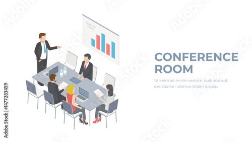 Meeting Room isometric conference Office Worker Brainstorm and present concept illustration isolated vector