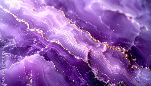 Abstract background featuring a purple marble texture with shimmering gold streaks and accents. Luxurious and elegant design suitable for various creative projects.