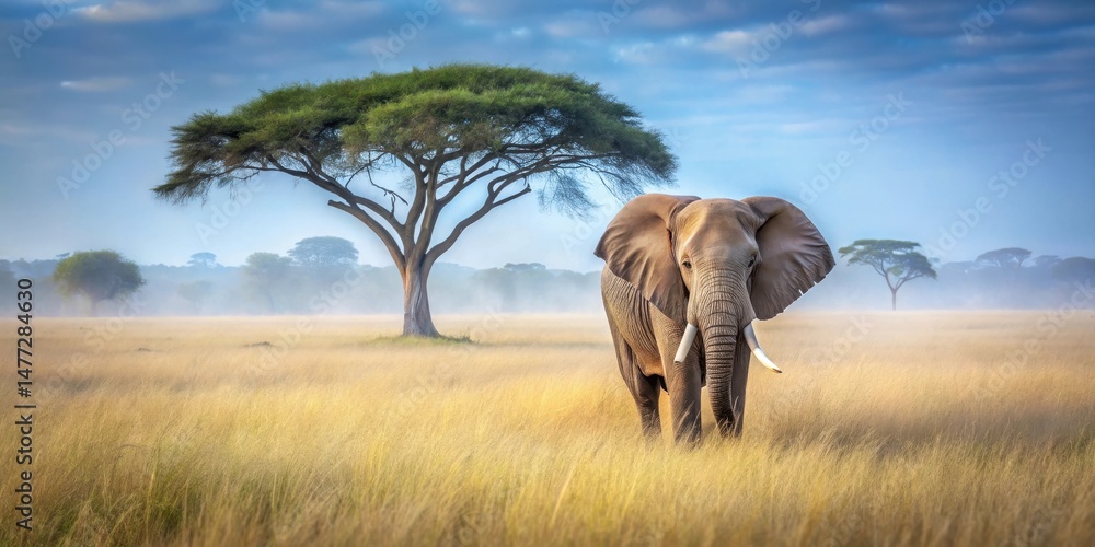 Obraz premium Majestic elephant walking through a misty savannah landscape with tall grasses and acacia trees